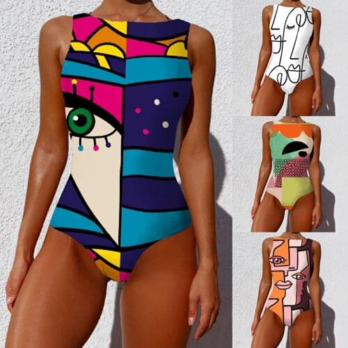 2021 new fashion one-piece bikini personality abstract print swimsuit sleeveless for women printing swimwear women bathing suit