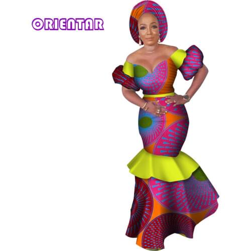 African Dresses for Women Fashion Off Shoulder Bazin Dress with Head Scarf Lady Long Mermaid Ankara Dress Wedding Party WY3842