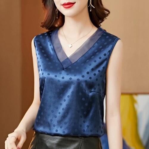 2021 Summer Polka Dot Silk Women Blouses Satin Tops Woman Shirts Embroidery Sleeveless Ladies Top V-neck Lace OL Women Clothing