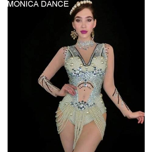 Sexy Stage Silver Rhinestones Pearls Transparent Long Sleeves Bodysuit Womens Bar Birthday Celebrate Outfit Dance Mesh Outfit