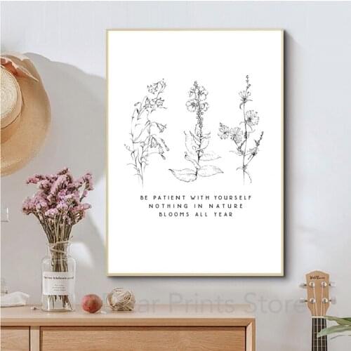Be Patient With Yourself Mental Health Quotes Canvas Painting Black White Minimalist Poster Plants Prints Wall Art Picture Decor