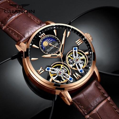 GUANQIN Top Brand Expensive Double Tourbillon Watches Moon Phase Watch Luxury Mens Automatic Mechanical Watch