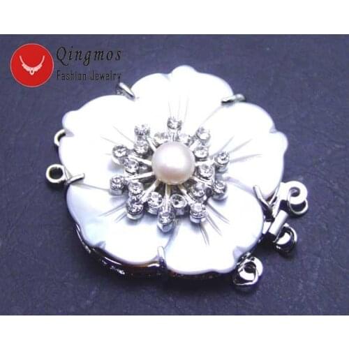 Qingmos 40mm Flower Shell and 8mm Pearl with White Rhinestone Three Strands Clasp Accessories for Jewelry Gp124 Free Shipping