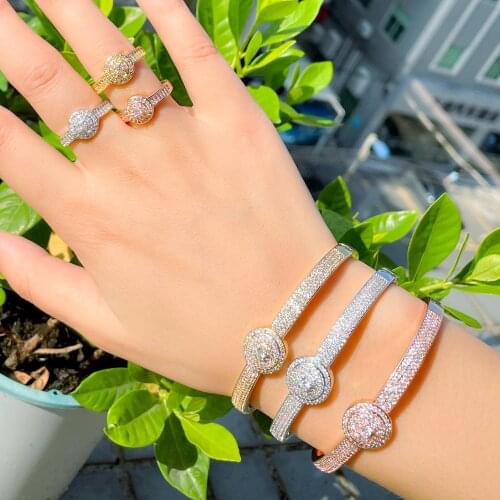 CWWZircons Chic African Cubic Zirconia Round Open Cuff Rose Gold Wedding Bracelet Bangle and Ring Jewelry Set for Women T558