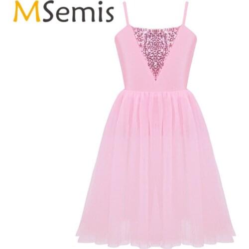 Kids Girls Ballet Dress Ballerina Dancewear Shoulder Straps Sequins Mesh Tutu Ballet Dance Gymnastics Leotard for Girls Children