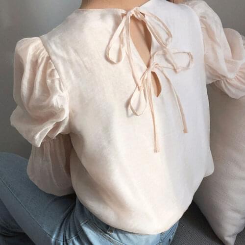 Elegant Sexy Backless Bow Lace Up Korean Blouse Spring O Neck Blouse Women OL Simple Puff Long Sleeve Shirt Blusas Mujer 14368
