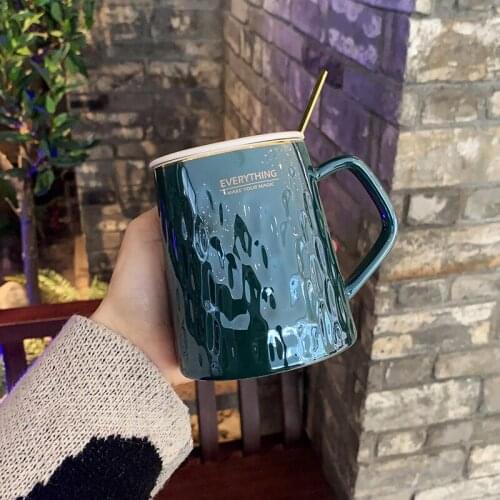 Crystal plated ceramic spoon cup with lid Nordic retro breakfast Cup Mug Coffee Cup office water cup creative trend