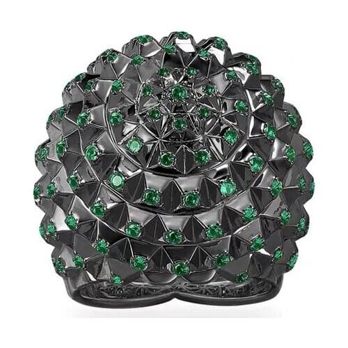 SOELLE Luxury Brand 925 Sterling Silver Black Spike Hedgehog Sphere Finger Ring Paved Green Cubic Zirconia Stones Women Jewelry
