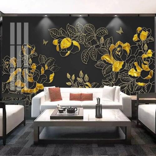 Custom Any Size Mural Wallpaper Modern Light Luxury Peony Line Drawing Flower 3D Golden Embossed Line Background Wall Painting