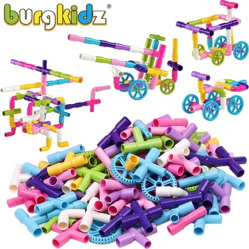 BURGKIDZ Montessori STEM Learning Toys For Girl Pipe Building Blocks Constructor Educational Toys Baby Bath Toys For Children