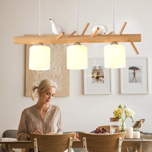 Nordic LED Pendant Lamp Creative Pigeon for Kitchen Dining Room Table Wood Sticks Suspension Chandelier Home Lighting Fixtures