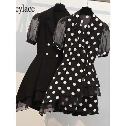 Plus size office ladies elegant polka dot two pieces set for women Summer mesh patchwork irregular blazer top and shorts sets