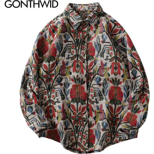 GONTHWID Southwestern Aztec Tribal Indian Button Shirts Streetwear Hip Hop Casual Flowers Patterned Long Sleeve Shirt Coats Tops