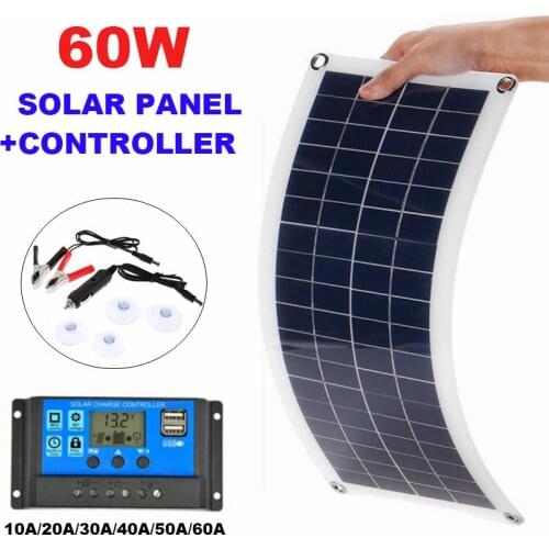 60W Solar Panel 12V Dual 5V USB Output Solar Cells Poly Solar Panel with 10A/60A Controller for Car Yacht Battery Boat Charger