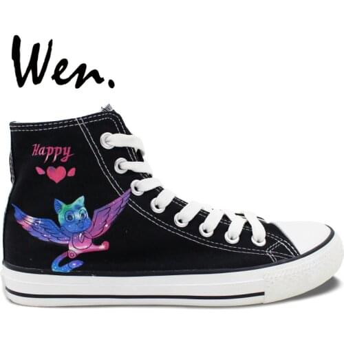 Wen Hand Painted Athletic Shoes Anime Fairy Tail Happy Cat Design Custom Sneakers High Top Man Womans Gift Canvas Black Shoes