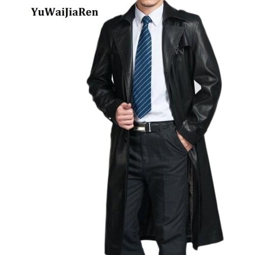 YuWaiJiaRen Men PU Leather Jackets Turn-Collar Thick Outwear Trench Coat X-Long Business Casual Jackets Chaqueta Cuero Hombre