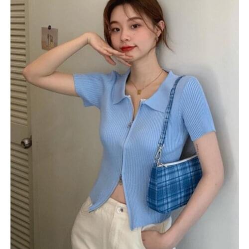 Women T-shirt Summer Clothes Ice Silk Knitted Short Sleeve Crop Tops Zipper Fly Tee Sexy Casual Female Slim Black White Top 2021