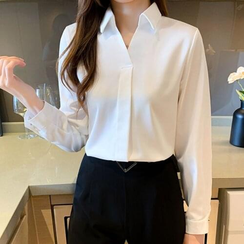 Autumn Korean Fashion Women Clothing 2021 Simple Plus Size White Shirt V-neck Chiffon Blusas Female Top Solid Ladies Tops 1044