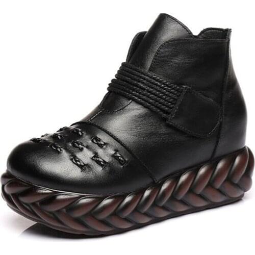 New Top Cowhide Weaving Retro Autumn Winter Boots Thick-soled Shoes Wedge Light Comfort Leather Boots Short Boots Women Boots