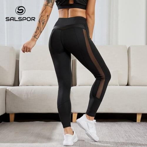 SALSPOR Women Mesh and PU Leather Patchwork Leggings For Fitness Workout Feamle High Waist Push Up Sexy Gym Leggins