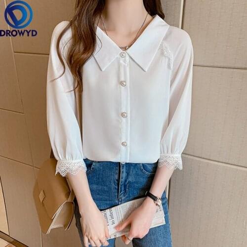 Women 2021 Summer Long Sleeve Button Chiffon Blouses Female Fashion V-neck Solid Color Shirts Ladies Loose Casual White Tops