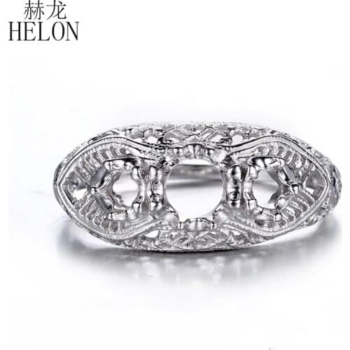 HELON Sterling Silver 925 Art Nouveau Antique Jewelry Ring Three Stone 5mm Round & 3mm Round Semi Mount Ring For Women Jewelry