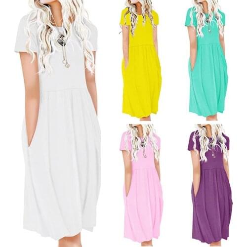 Womens Crew Neck Short Sleeve Midi Temperamental White Dresses Summer 2021 Fashion Casual Large Size Boho Dresses Dropshipping