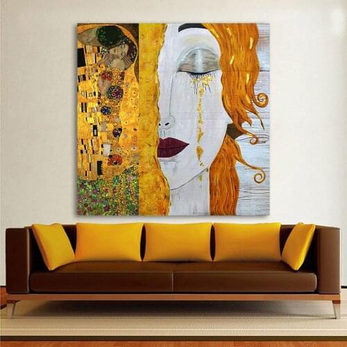Golden Tears Kisses Canvas Painting Vintage Abstract Beautiful Woman Character Poster Wall Art Pictures Decorations for Home
