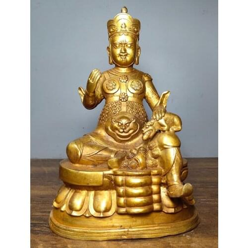 10"Tibet Buddhism Temple Old Bronze Gilt Yellow God of Wealth Statue Esoteric Guardian The head of the god of wealth Enshrine