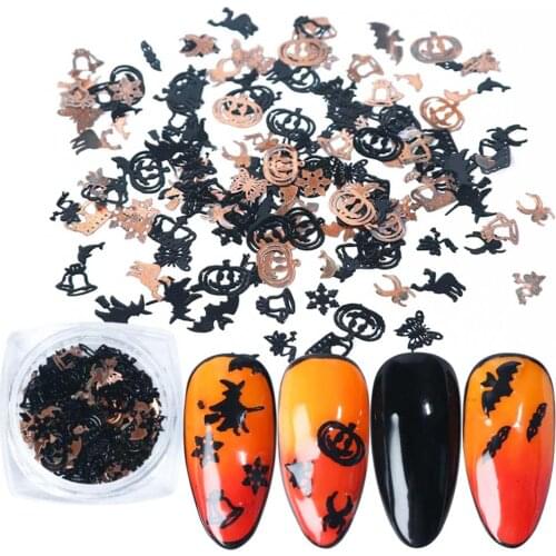 120Pcs Halloween Pumpkin Bat 3D Nail Glitter Slices Art Decor Alloy Flakes Decal DIY Wheel