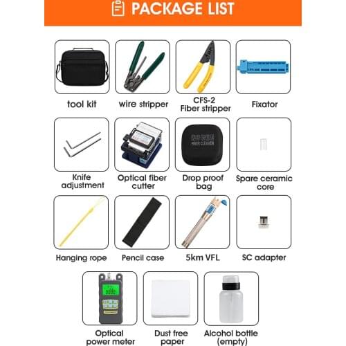 15pcs/set FTTH Fiber Optic Tool Kit with Fiber Cleaver -70~+10dBm Optical Power Meter Visual Fault Locator 5km