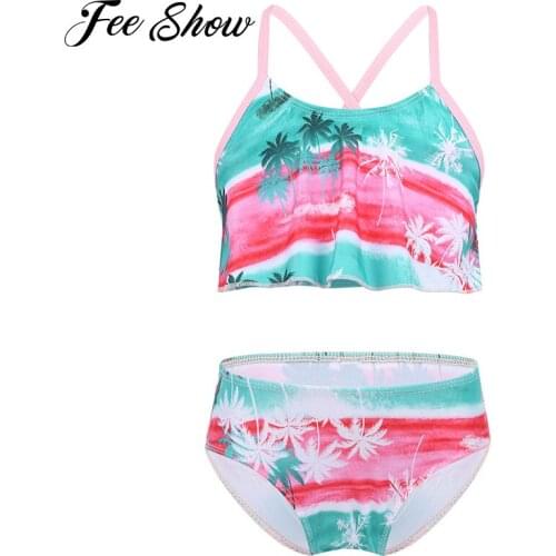 2PCS Kids Girls Tankini Tropical Palm Printed Flounce Swimsuit Swimwear Tops with Bottoms Children Beach Bathing Suit Bikini Set