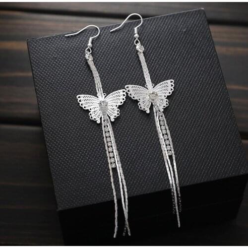 Shiny Crystal Chain Long Tassel Dangle Earrings Elegant Hanging Butterfly Drop Earrings For Women Charming Jewelry Gifts