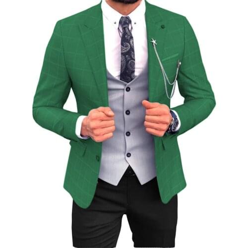 Mens Jacket Formal Regular Fit Plaid Wool Tweed Prom Beige Tuxedos Solid Business Green For Wedding Grooms (Only Blazer)