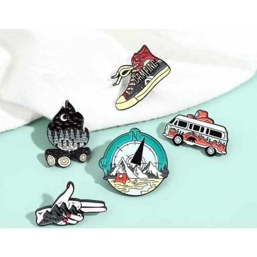 Camping Life Enamel Pins Outdoor Compass Canvas Shoe Bonfire Tent Motorhome Brooches Bag Lapel Badge Jewelry Gifts for Friends