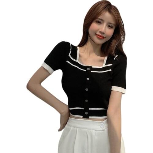 French Retro Square Neck Tee Knitted Short-sleeved T-shirt Women Summer Design Short Top