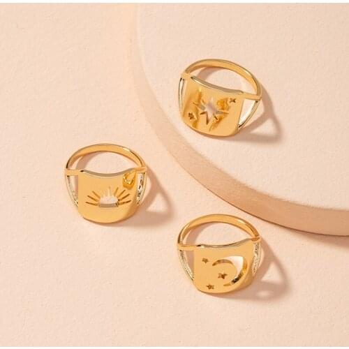 3 pcs/set Sun and Moon Shape Hollow out Couple Rings Set Wedding Alloy Gold Color Jewerly Birthday Gift