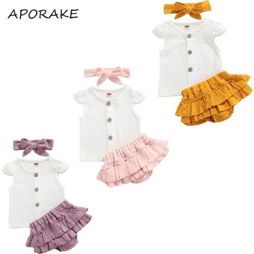 2021 0-24M Summer Baby Girl Clothes Set Cute Solid Color Button Short Sleeve Blouse+Layered Shorts+Headband Cotton Linen 3pcs