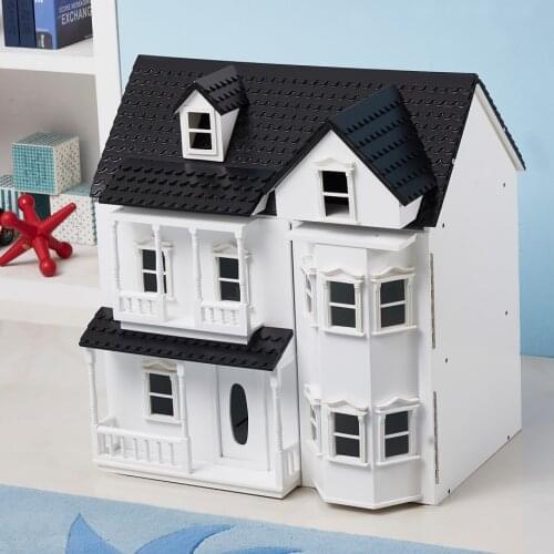 Doll house wooden Luxury toddler toys with furniture and light white villa wooden doll house diy
