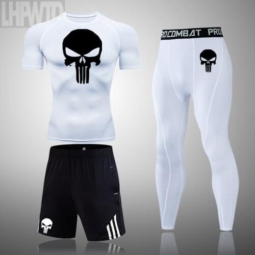 Summer Mens Tracksuit Running Top Sports Leggings Gym Workout Clothing MMA Male Compression Aportswear Skull Jogging Suit