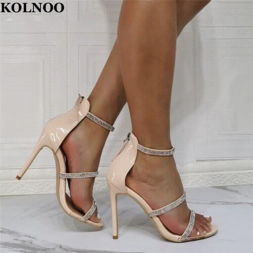 Kolnoo Handmade New Arrival Womens Stiletto High Heel Sandals Patent Leather Rhinstones Sexy Party Prom Fashion Evening Shoes