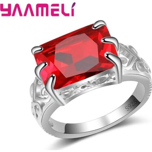 Beautiful Square Created Red Cubic Stones Ring 925 Sterling Silver Bridal Wedding Jewelry Anniversary Gifts New Arrival