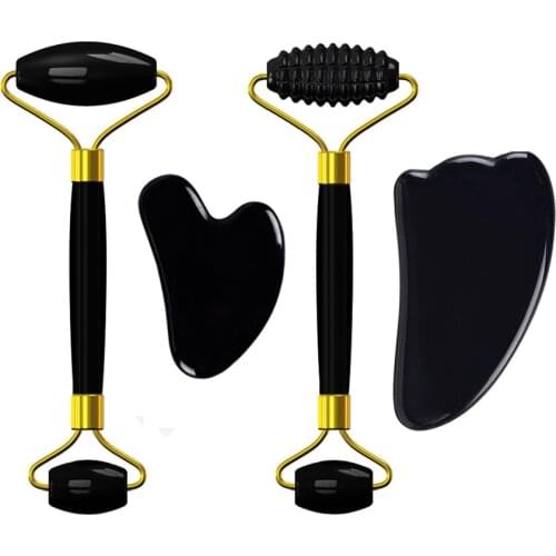 Obsidian Facial Roller Gua Sha Kit Natural Black Crystal Cold Therapy Skin Care Roller Massager Box Set