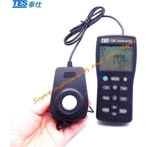 Original Taiwan TES-136 Color Illuminometer TES136 Chroma Meter 0.1 to 99990 lx Digital Portable Color Meter Data Logger Tester