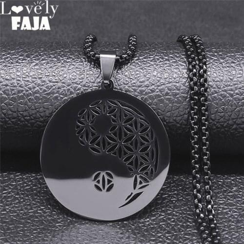 Yin Yang Gossip Flower of Life Stainless Steel Necklaces for Men Black Color Long Chain Necklace Jewelry collier homme NXS01