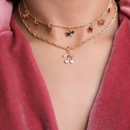 ALYXUY New Necklace Cherry Pendant Crystal Necklace Golden Multi Butterfly 2 Layer Necklace Fashion Jewelry Exquisite Gifts
