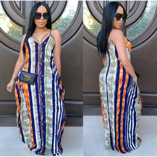 Echoine Sleeveless Stra Casual Loose Maxi Long Dress V-neck Striped Tie Dye Print Vintage Elegant Beach Dresses Summer Robe