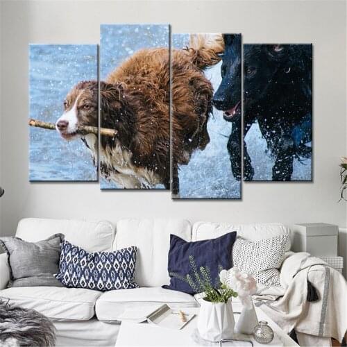 Promotion High Quality 4 Pieces Wall Art Animal Dogs Running Painting Modular Decorative Paintings for Living Room No Frame