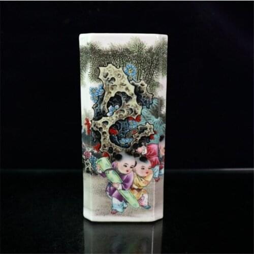 Early collection of porcelain Qianlong famille rose baby play pattern square penholder home decoration office ornaments