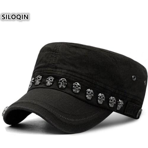 SILOQIN 2020 New Mens Flat Cap Army Military Hats Novelty Punk Style Men Skull Stud Brands Hat Fashion Tongue Caps Snapback Cap